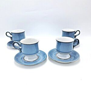 Denby Castile Cup & Saucer Sets (4) - Blue & White Footed Stoneware  England VTG